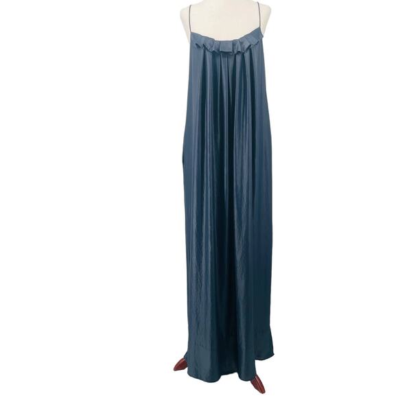 L'AGENCE Trapeze Slip Maxi Ruffle SM Metallic Blue Pockets Formal Evening - Picture 1 of 8